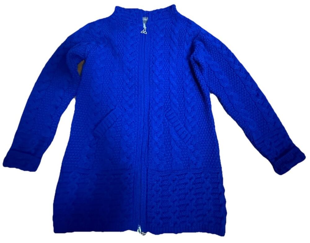 INIS CRAFTS Women’s Navy Merino Wool Zip Up Cable Knit Cardigan Sweater Small